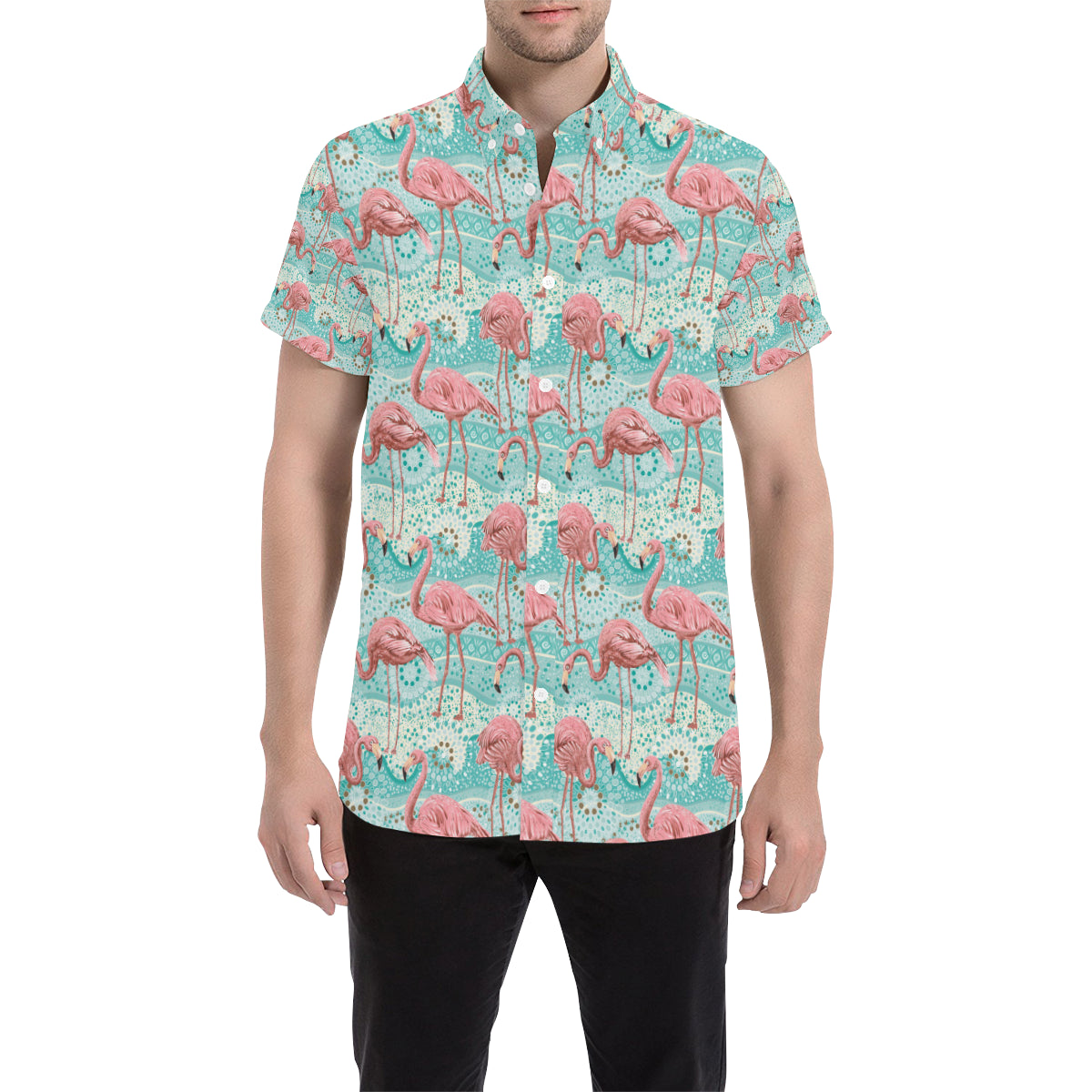 Flamingo Background Themed Print Men's Short Sleeve Button Up Shirt