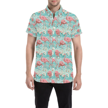 Flamingo Background Themed Print Men's Short Sleeve Button Up Shirt