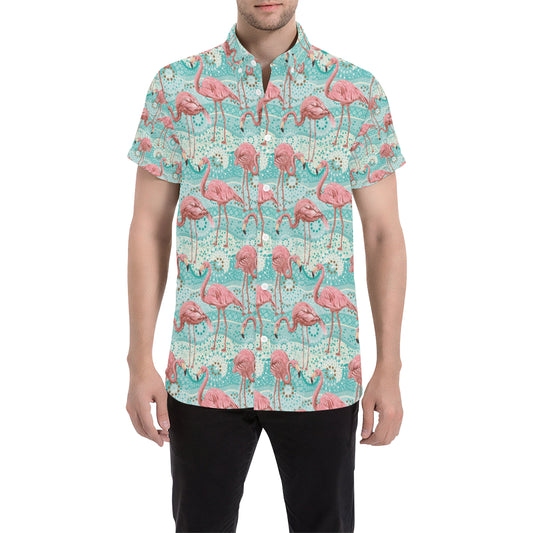 Flamingo Background Themed Print Men's Short Sleeve Button Up Shirt