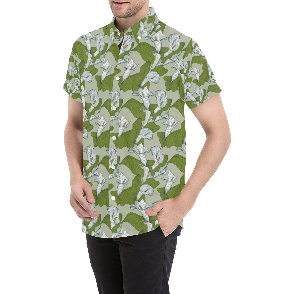 Lily Pattern Print Design LY08 Men's Short Sleeve Button Up Shirt