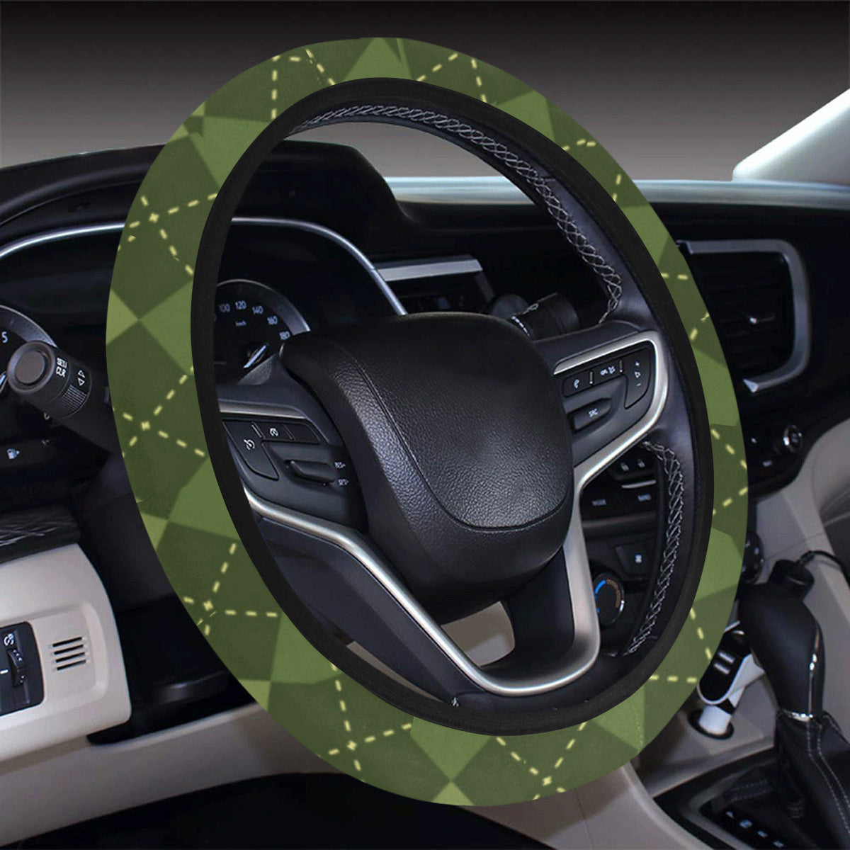 Argyle Green Pattern Print Design 01 Steering Wheel Cover with Elastic Edge