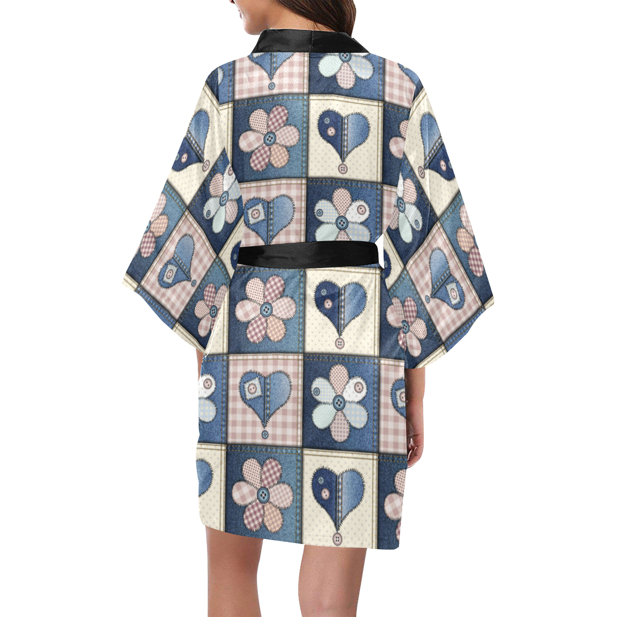 Patchwork Heart Flower Pattern Print Design 01 Women's Short Kimono
