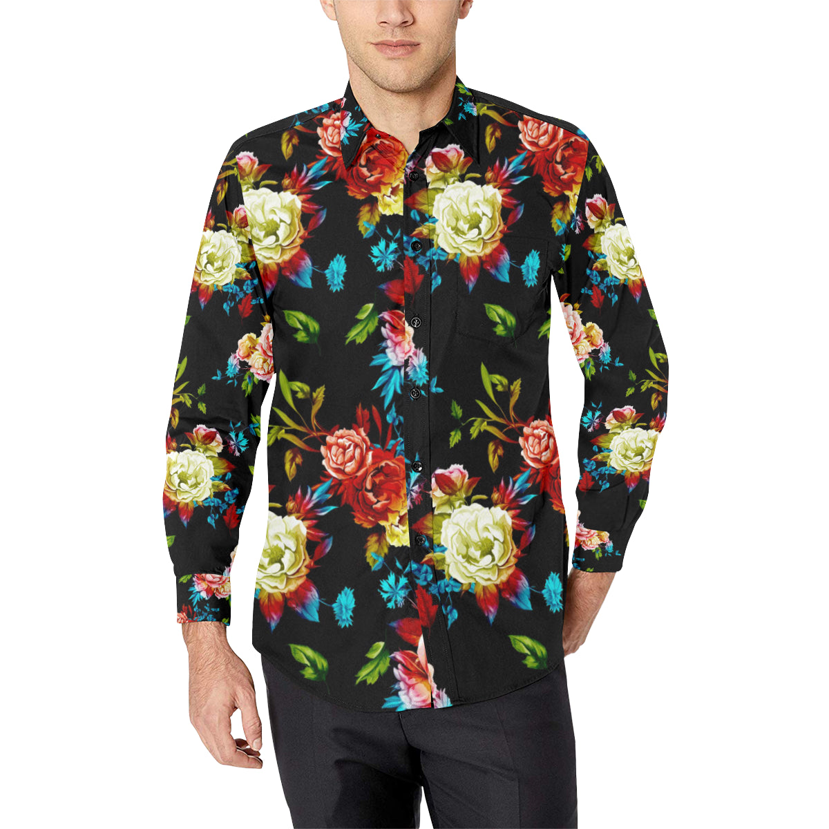 Peony Pattern Print Design PE07 Men's Long Sleeve Shirt