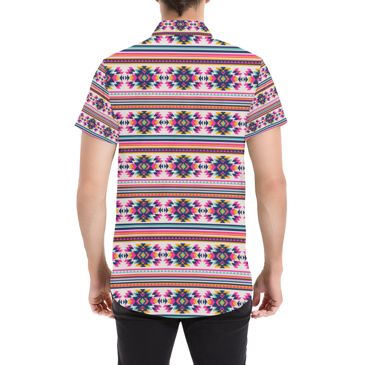 Indian Navajo Neon Themed Design Print Men's Short Sleeve Button Up Shirt