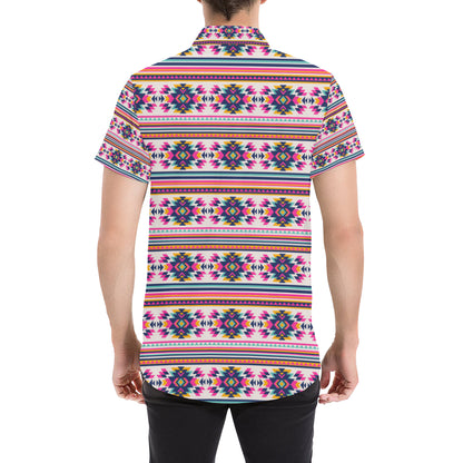 Indian Navajo Neon Themed Design Print Men's Short Sleeve Button Up Shirt