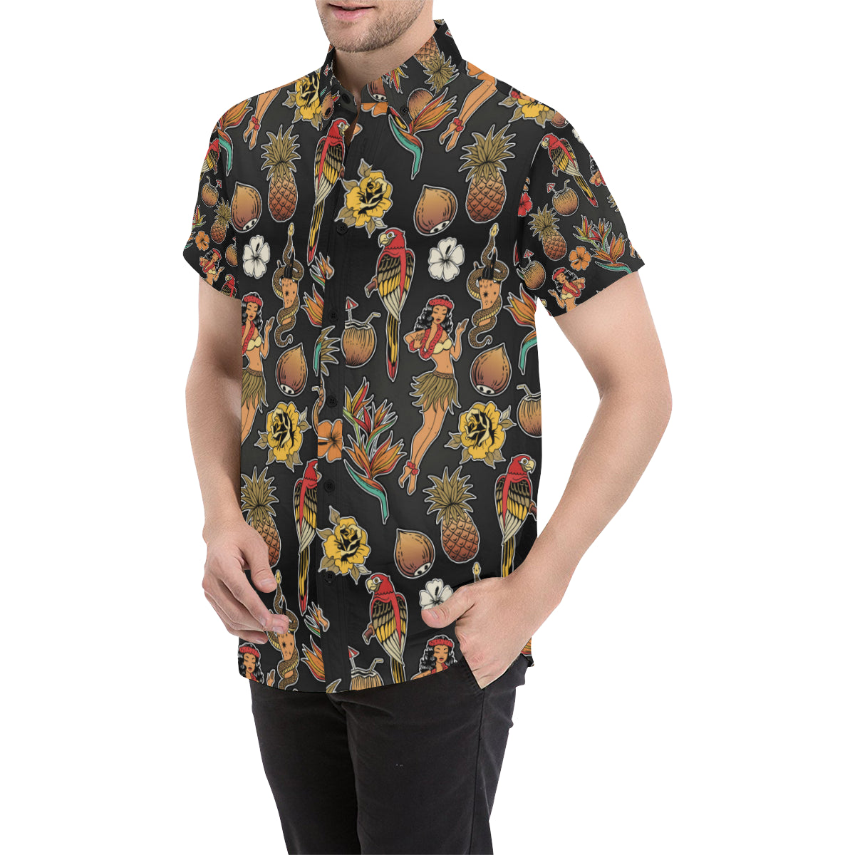 Hula Dancers Hawaiian Style Pattern Print Design 0 Men's Short Sleeve Button Up Shirt