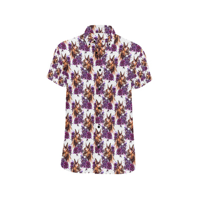 Chihuahua Purple Floral Men's Short Sleeve Button Up Shirt