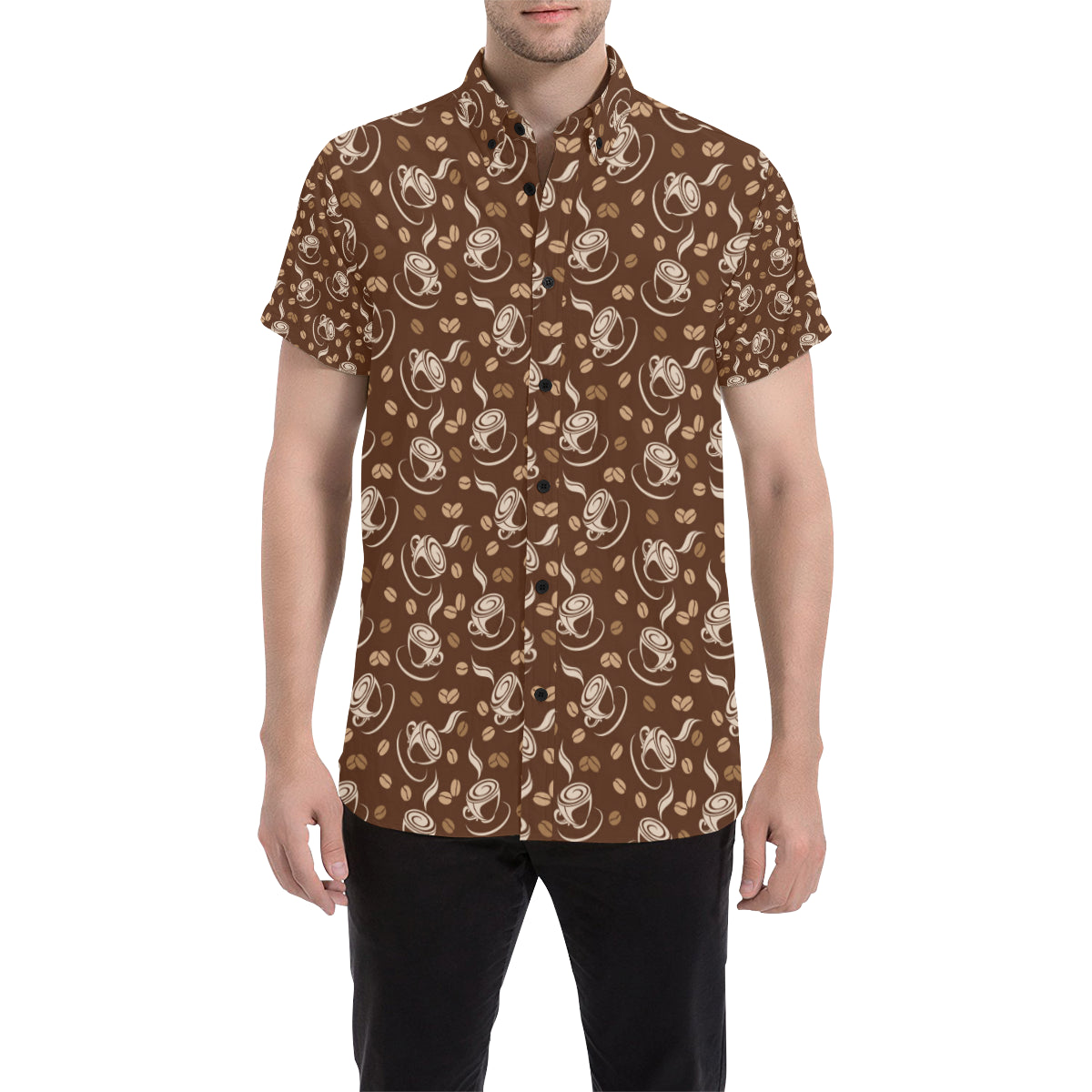 Coffee Pattern Print Design 03 Men's Short Sleeve Button Up Shirt