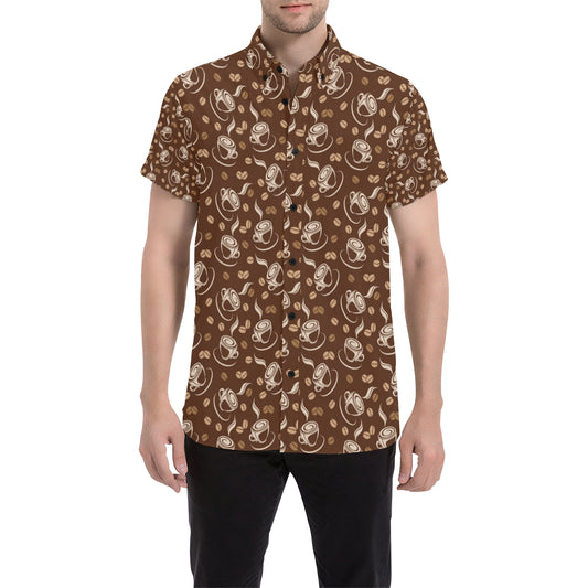 Coffee Pattern Print Design 03 Men's Short Sleeve Button Up Shirt