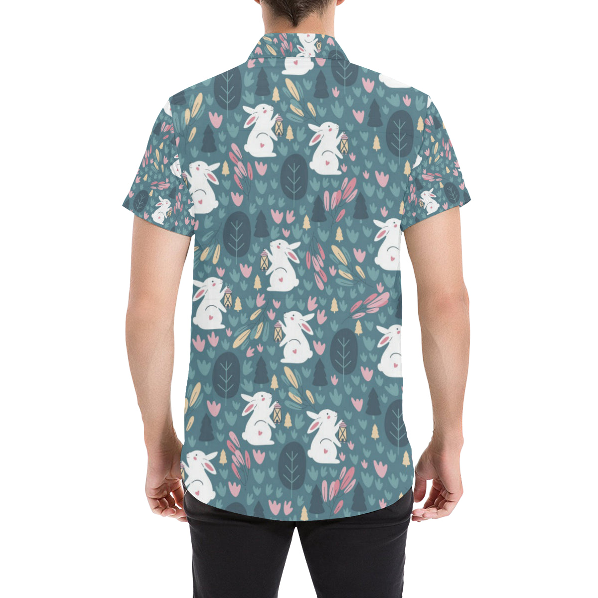 Rabbit Pattern Print Design RB013 Men's Short Sleeve Button Up Shirt