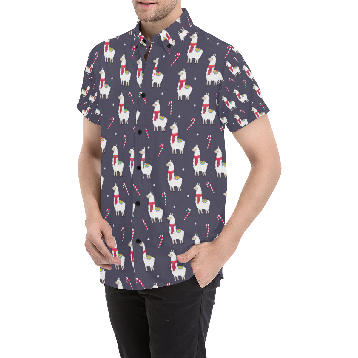 Llama with Candy Cane Themed Print Men's Short Sleeve Button Up Shirt