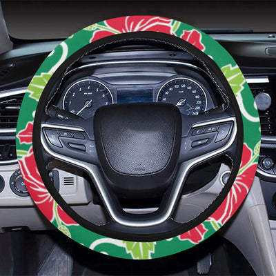 Red Hibiscus Pattern Print Design HB019 Steering Wheel Cover with Elastic Edge