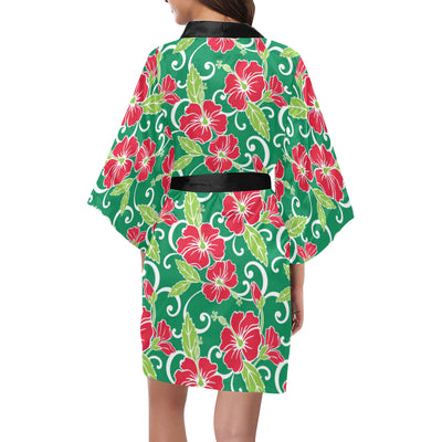 Red Hibiscus Pattern Print Design HB019 Women Kimono Robe