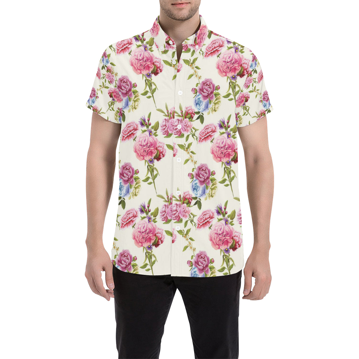 Carnations Pattern Print Design CN02 Men's Short Sleeve Button Up Shirt