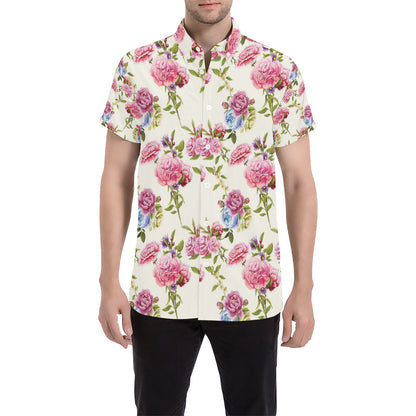 Carnations Pattern Print Design CN02 Men's Short Sleeve Button Up Shirt