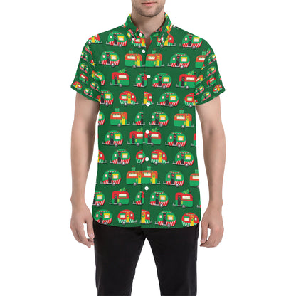 Camper Camping Christmas Themed Print Men's Short Sleeve Button Up Shirt
