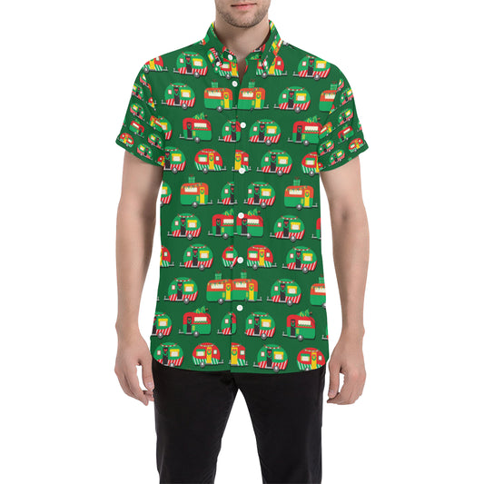 Camper Camping Christmas Themed Print Men's Short Sleeve Button Up Shirt