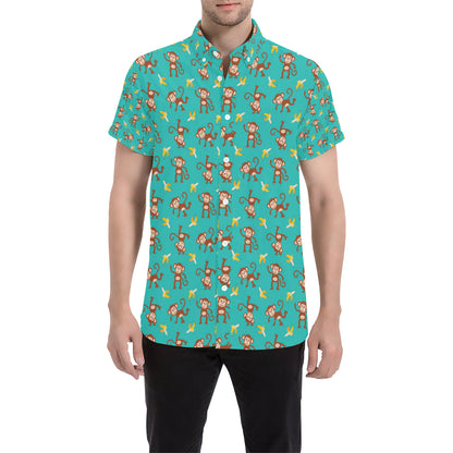Monkey Banana Design Themed Print Men's Short Sleeve Button Up Shirt