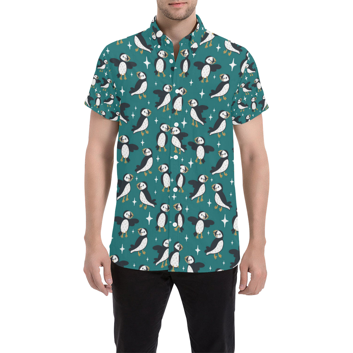Puffin Pattern Print Design A05 Men's Short Sleeve Button Up Shirt