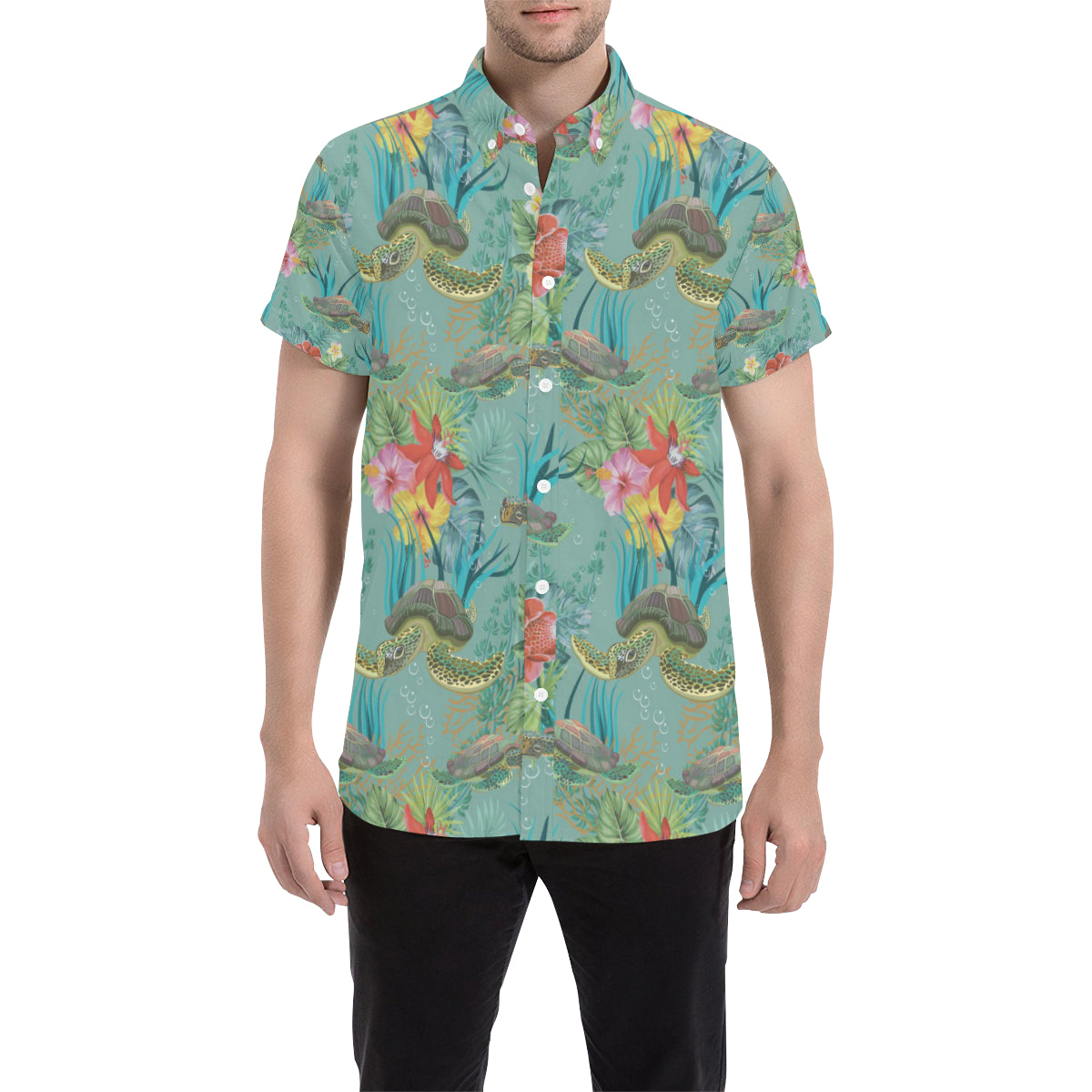 Sea Turtle Pattern Print Design T012 Men's Short Sleeve Button Up Shirt