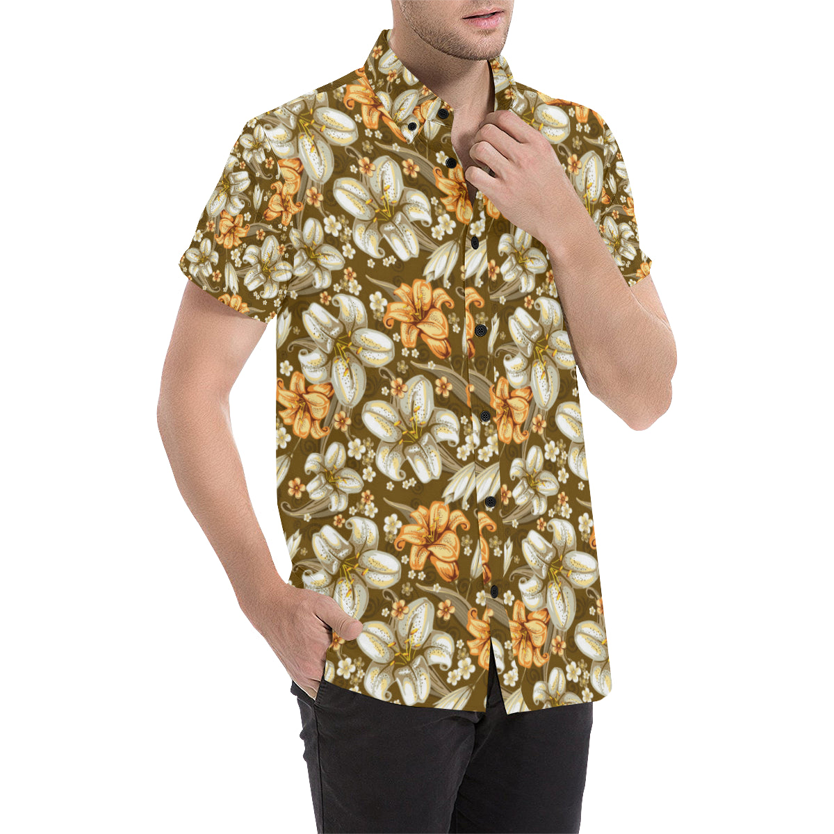 Lily Pattern Print Design 01 Men's Short Sleeve Button Up Shirt