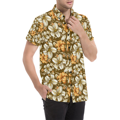 Lily Pattern Print Design 01 Men's Short Sleeve Button Up Shirt
