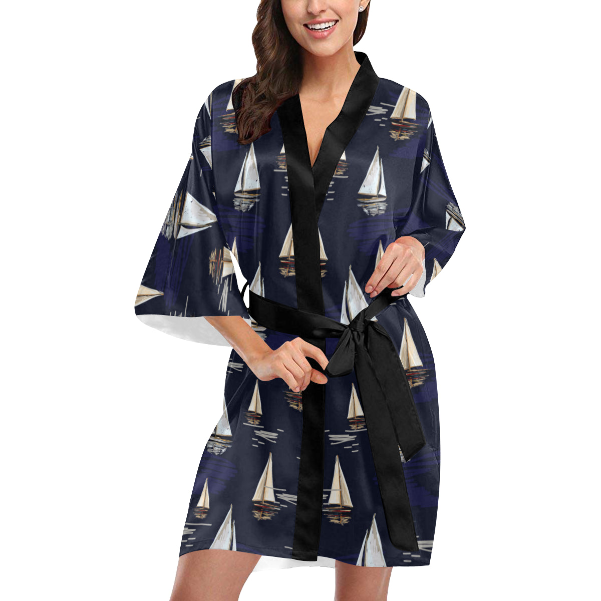 Sailing Ships Pattern Print Design A05 Women's Short Kimono