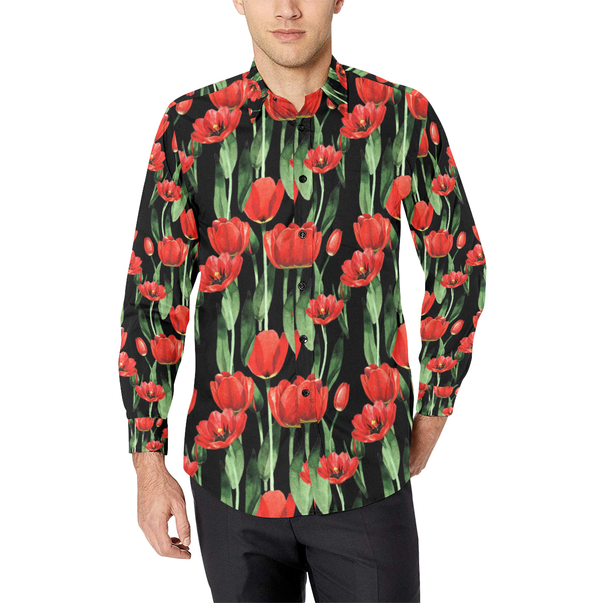 Tulip Red Pattern Print Design TP03 Men's Long Sleeve Shirt