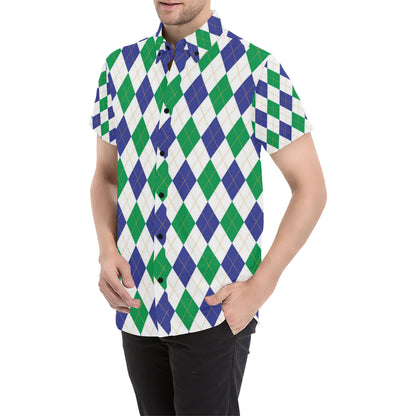Argyle Green Blue Pattern Print Design 03 Men's Short Sleeve Button Up Shirt