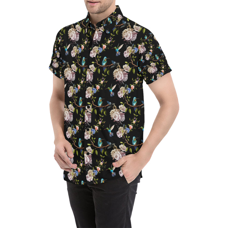 Hummingbird Flower Themed Print Men's Short Sleeve Button Up Shirt