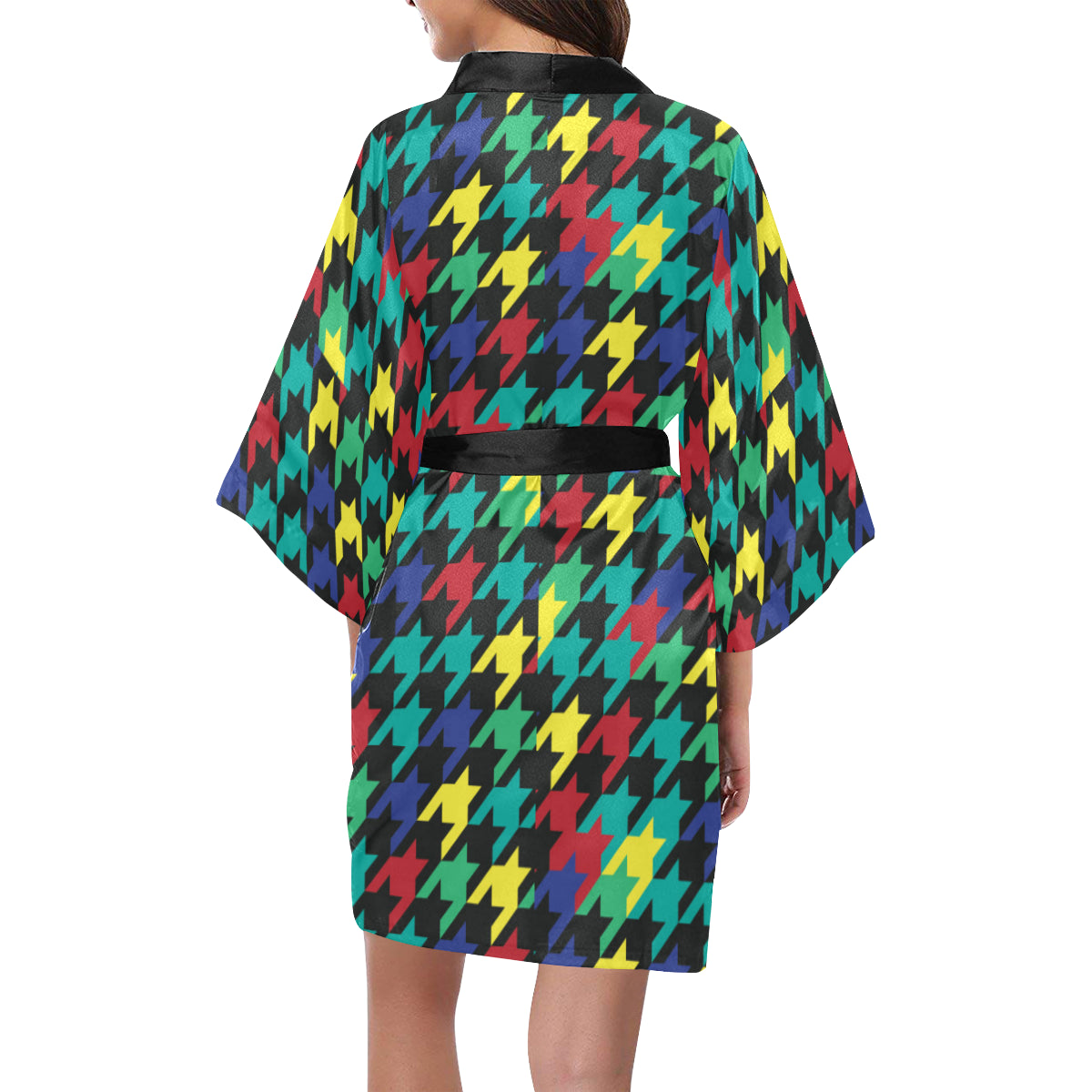 Houndstooth Colorful Pattern Print Design 02 Women's Short Kimono
