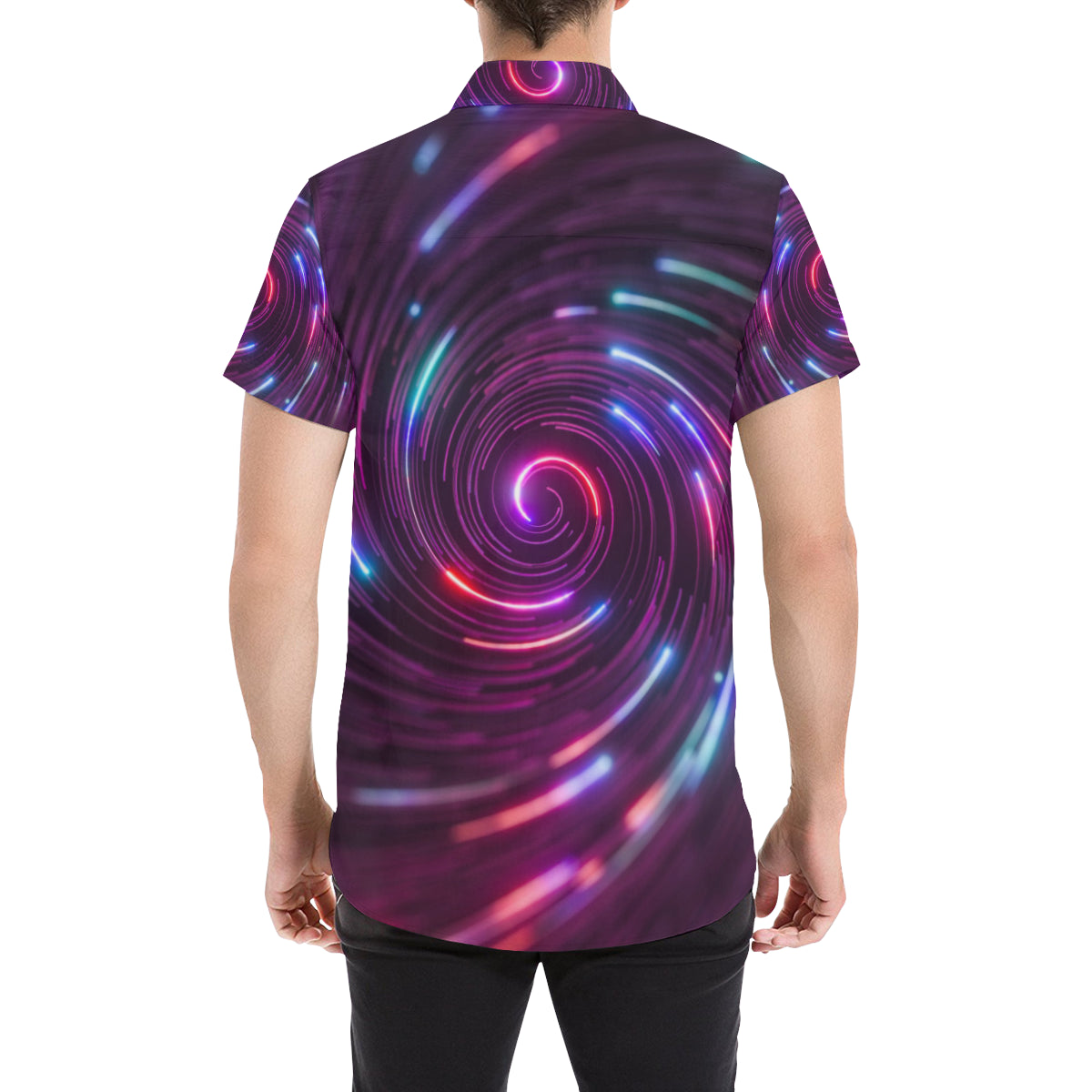 Vortex Twist Swirl Purple Neon Print Men's Short Sleeve Button Up Shirt