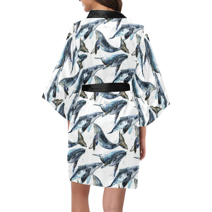 Blue Whale Pattern Print Design 03 Women's Short Kimono