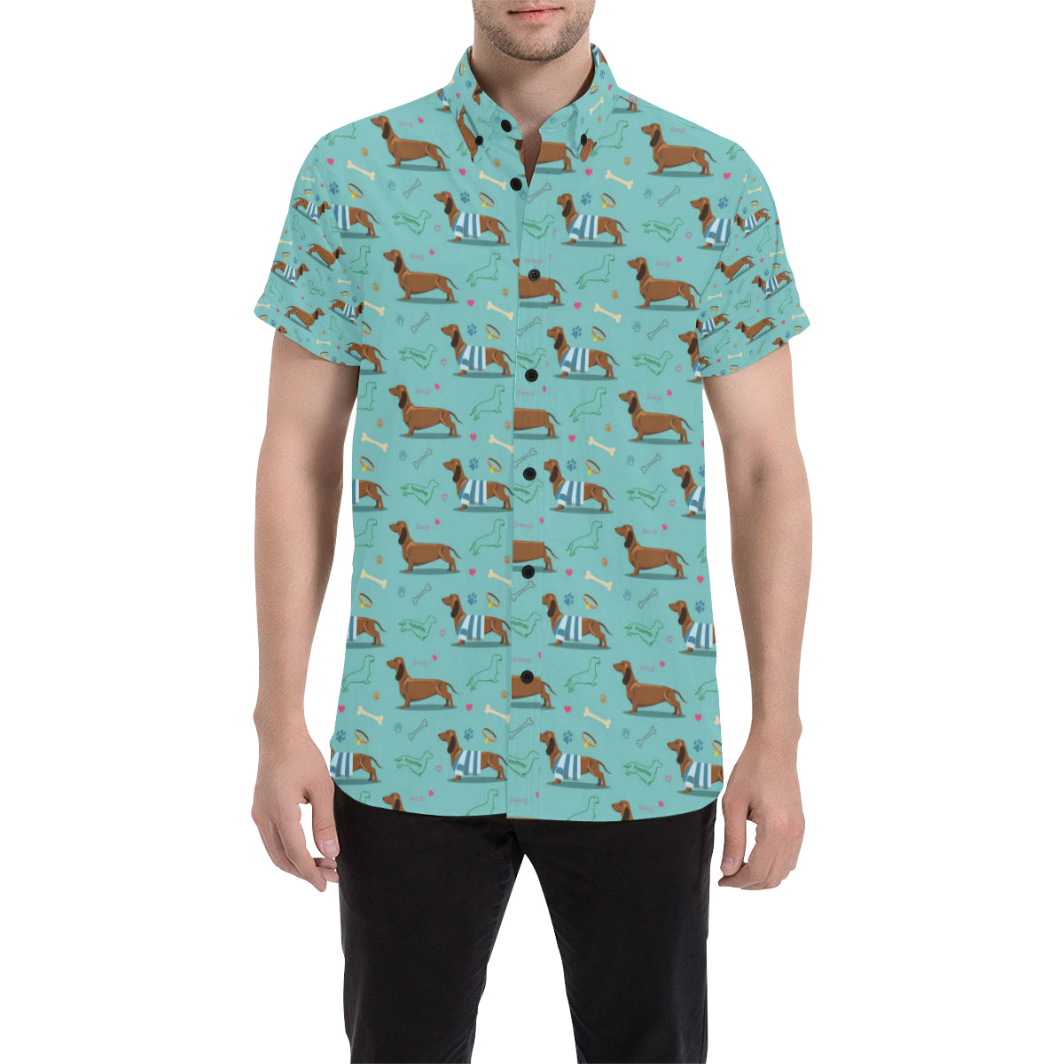 Dachshund Paw Decorative Print Pattern Men's Short Sleeve Button Up Shirt