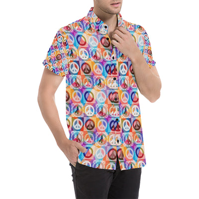 Peace Sign Patchwork Design Print Men's Short Sleeve Button Up Shirt