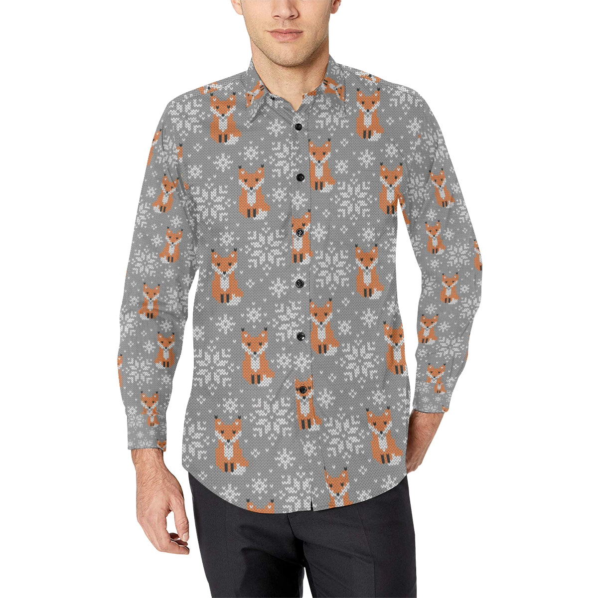 Knit Red Fox Pattern Print Design 02 Men's Long Sleeve Shirt