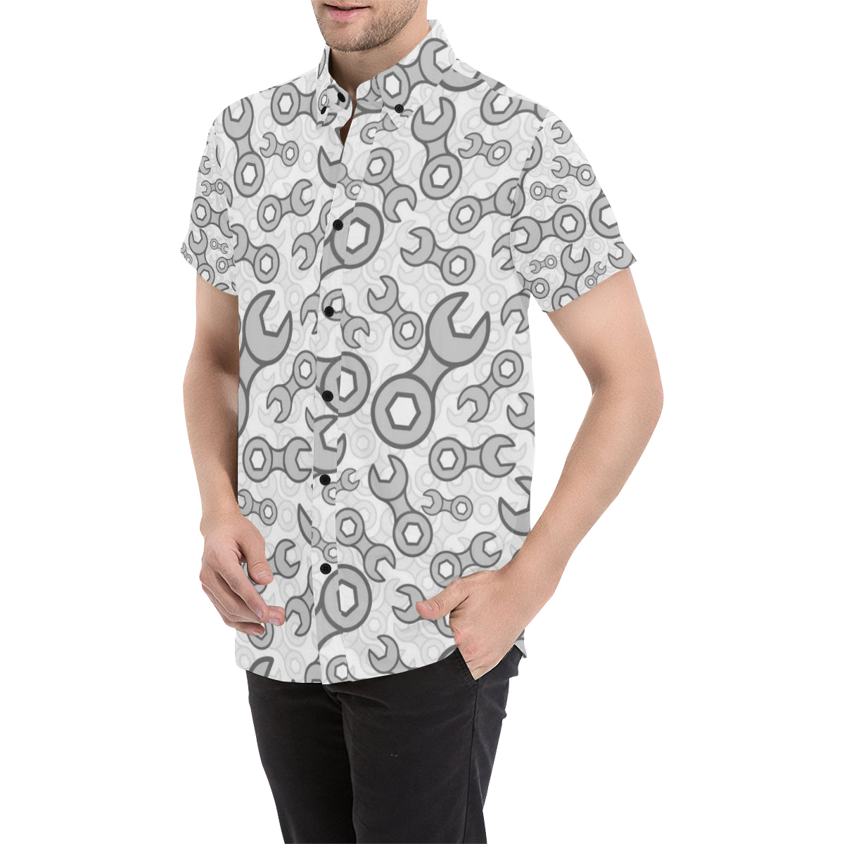 Mechanic Pattern Print Design 05 Men's Short Sleeve Button Up Shirt