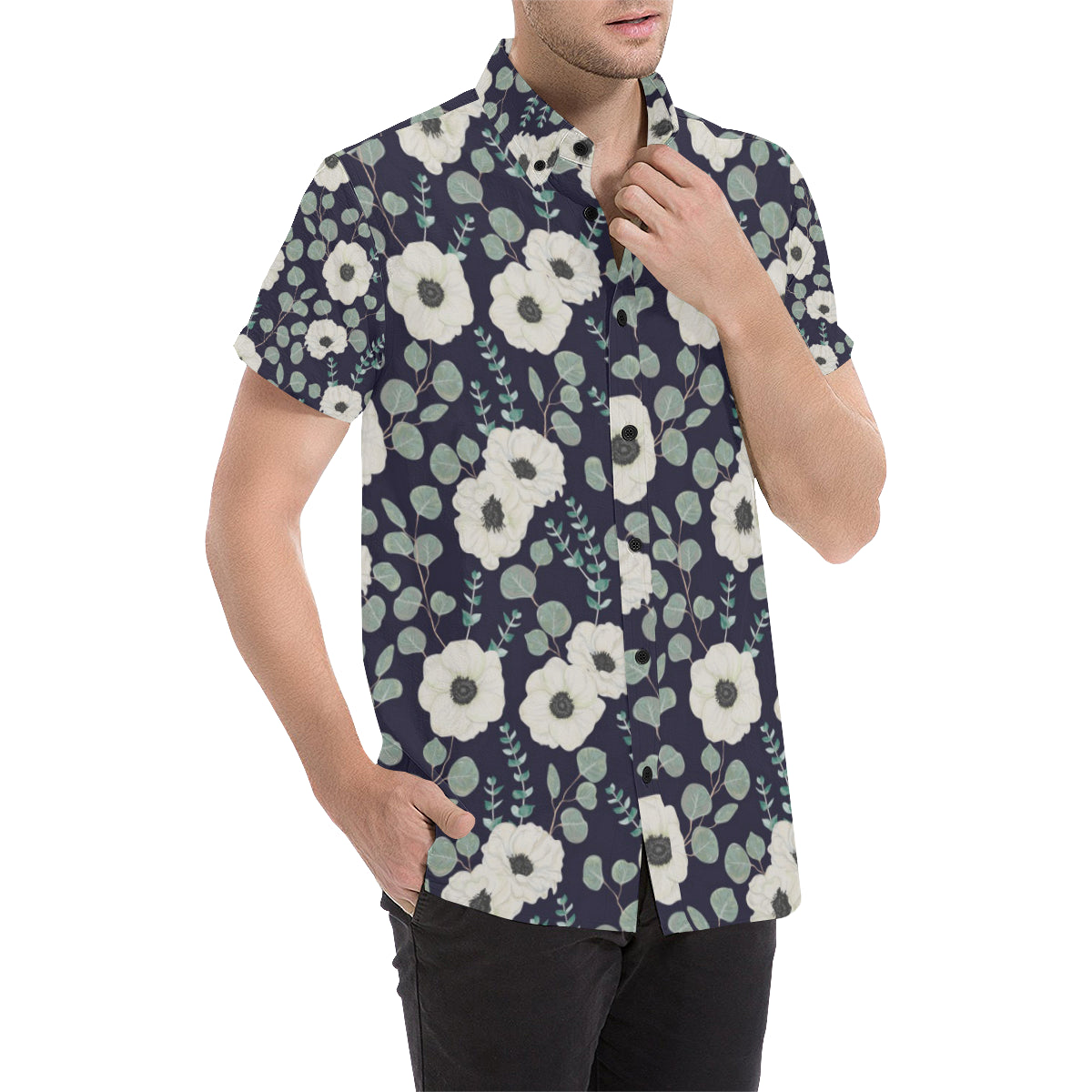 Anemone Pattern Print Design AM01 Men's Short Sleeve Button Up Shirt