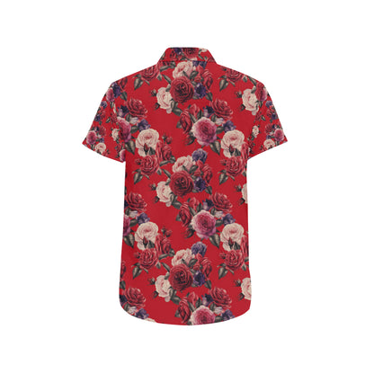 Rose Red Pattern Print Design RO07 Men's Short Sleeve Button Up Shirt