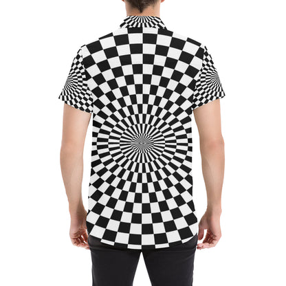 Checkered Flag Optical illusion Men's Short Sleeve Button Up Shirt