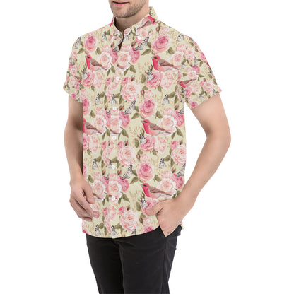 Bird Butterfly Pink Flower Print Pattern Men's Short Sleeve Button Up Shirt