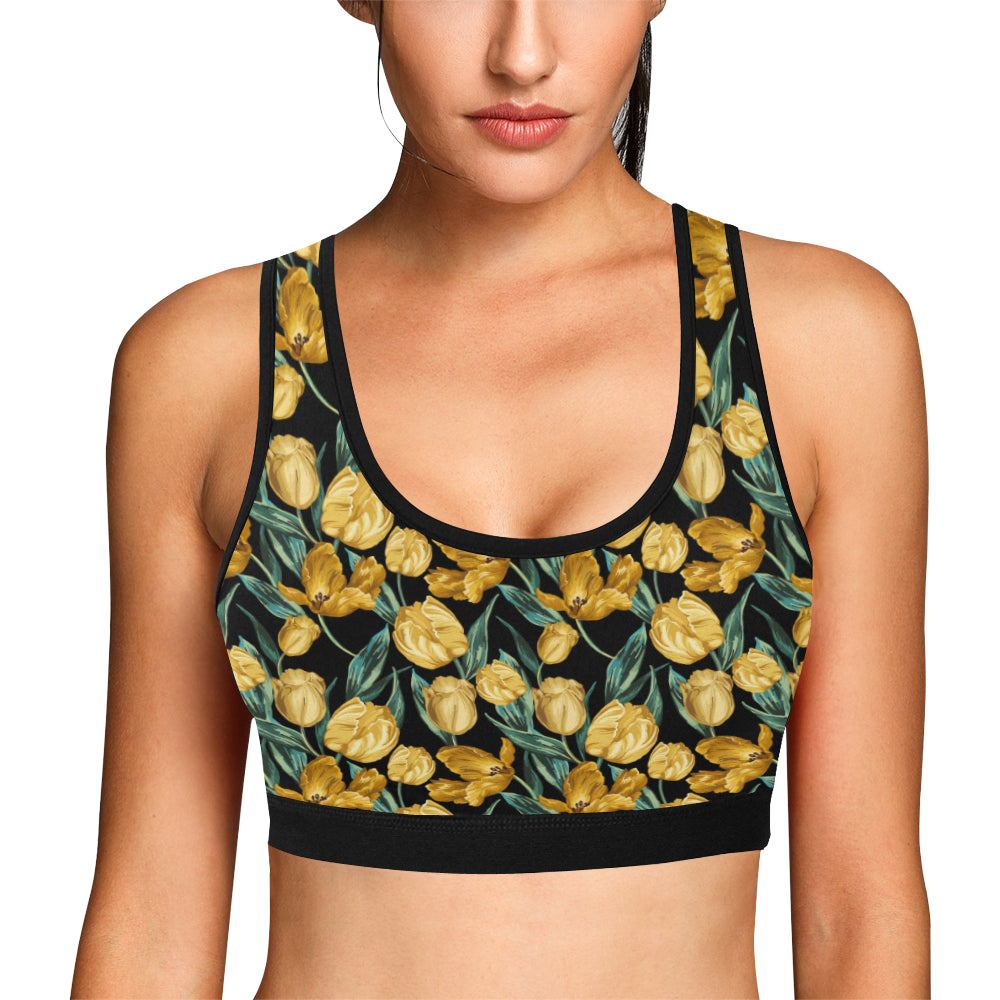 Elegant Yellow Tulip Print Sports Bra