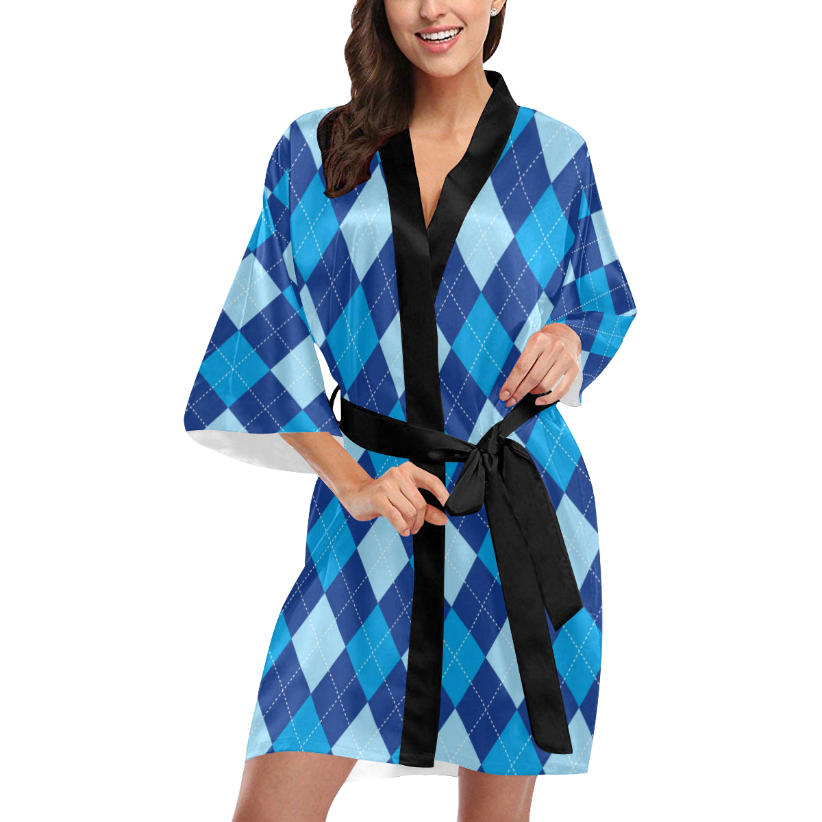 Argyle Blue Pattern Print Design 02 Women's Short Kimono