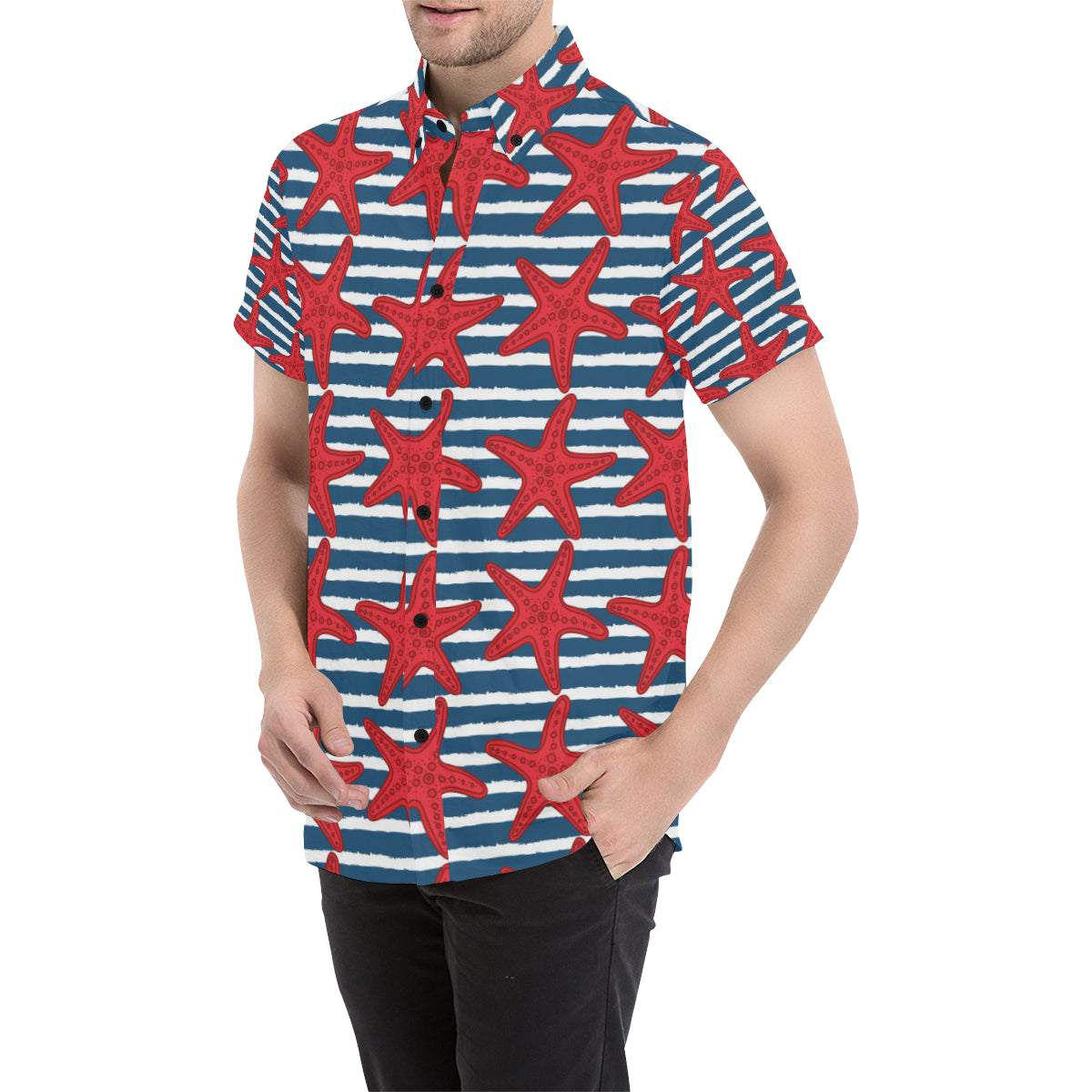 Starfish Red Pattern Print Design 02 Men's Short Sleeve Button Up Shirt