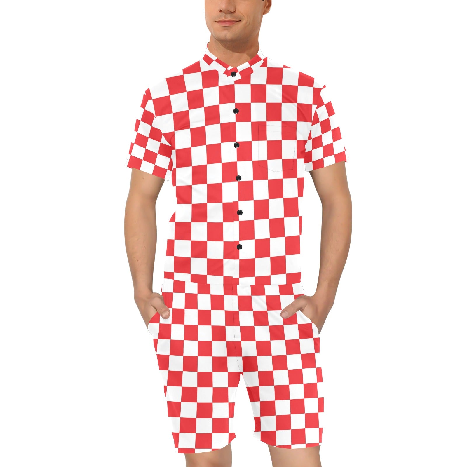 Checkered Red Pattern Print Design 04 Men's Romper
