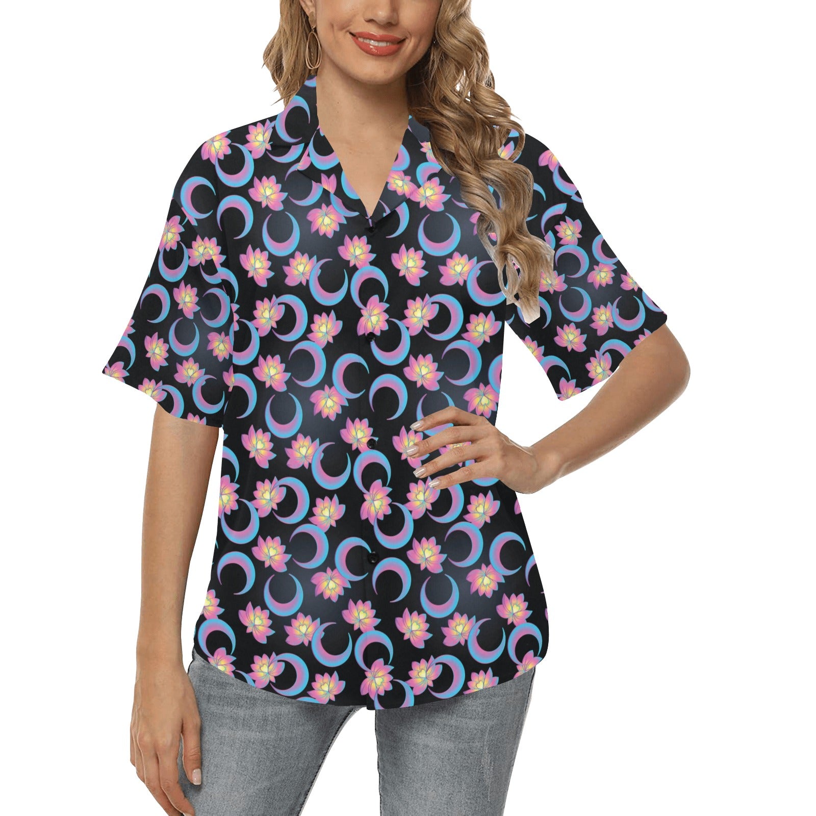 Lotus with Moon Pink Print Themed Women's Hawaiian Shirt