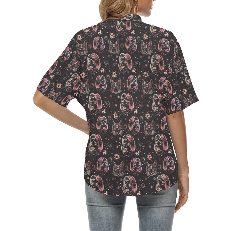 Third Eye Girl Cat Print Design LKS305 Women's Hawaiian Shirt