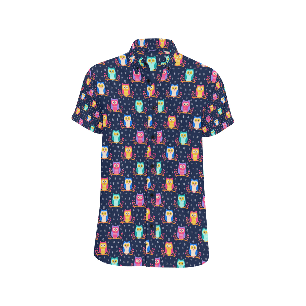 Owl Cute Themed Design Print Men's Short Sleeve Button Up Shirt