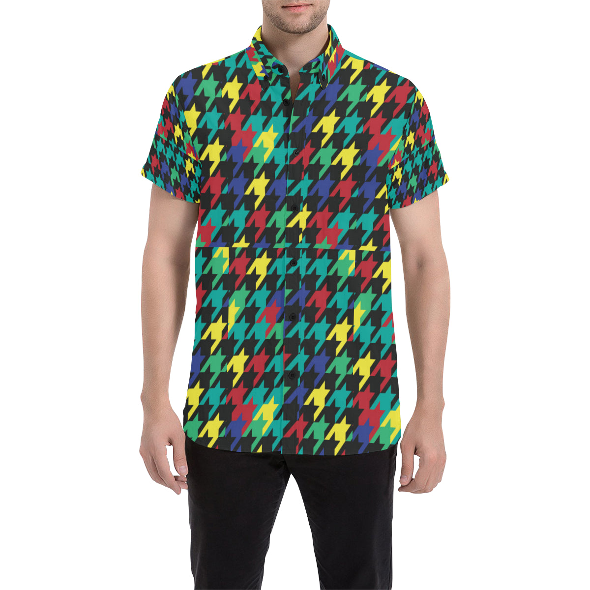 Houndstooth Colorful Pattern Print Design 02 Men's Short Sleeve Button Up Shirt