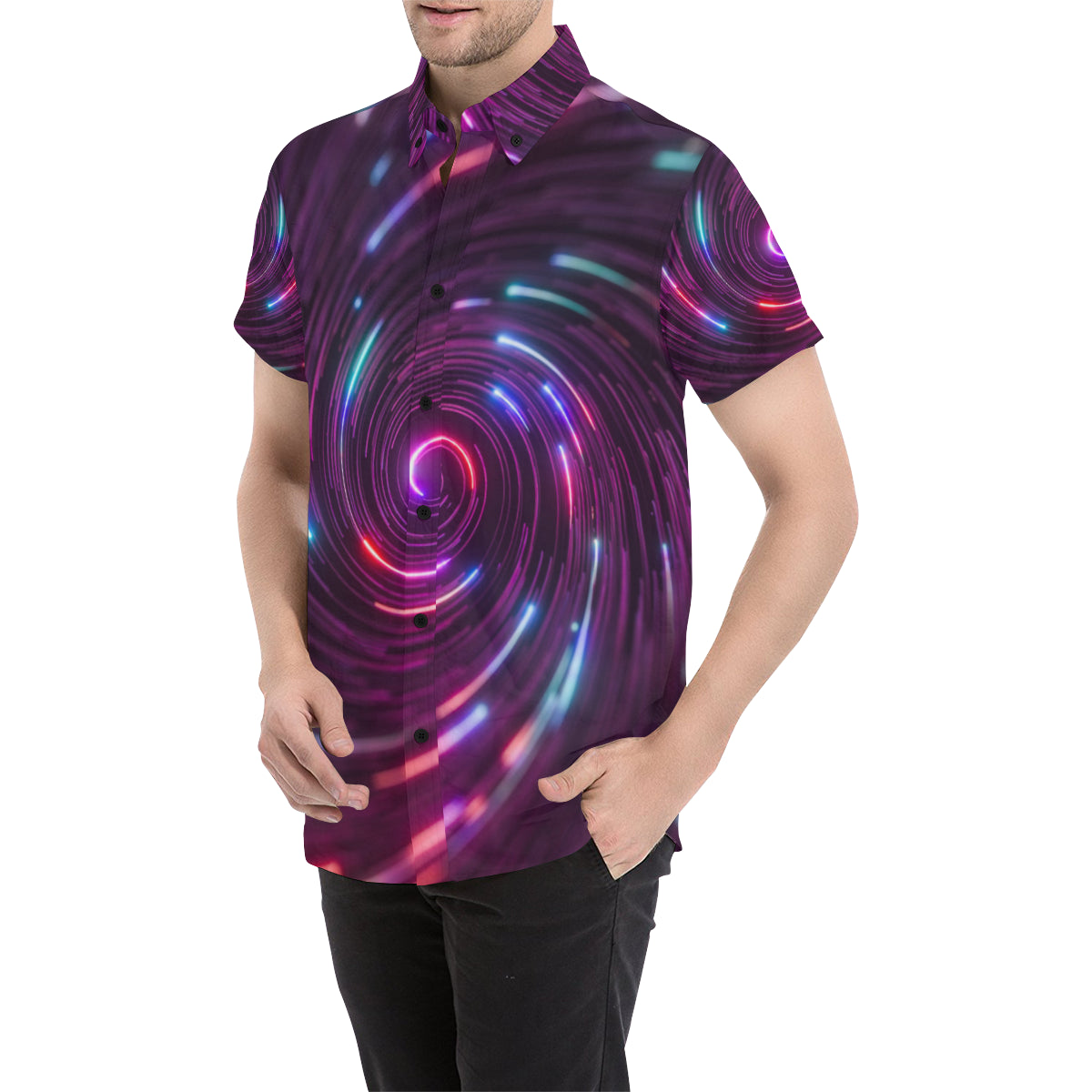 Vortex Twist Swirl Purple Neon Print Men's Short Sleeve Button Up Shirt